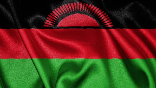 Malavi 'nin dalgalanan arka planının gerçekçi dokusu, tekstil ipeği saten bayrağını kapat. Ülkenin ulusal sembolü. 6 Temmuz, Mutlu Günler konsepti