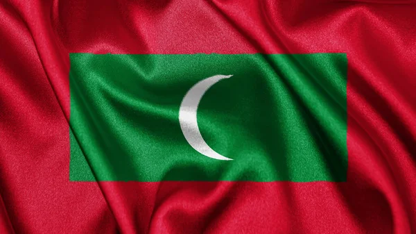 Zamknij Realistyczne Tekstury Tkaniny Jedwabne Satynowa Flaga Malediwów Machając Trzepotanie — Zdjęcie stockowe
