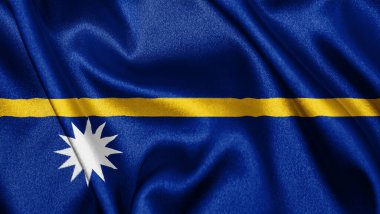 Nauru 'nun dalgalanan arka planının gerçekçi dokusu, kumaş, ipek saten bayrağını kapat. Ülkenin ulusal sembolü. 31 Ocak, Mutlu Gün konsepti