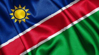 Namibya 'nın dalgalanan arka planının gerçekçi dokusu, tekstil ipeği saten bayrağını kapat. Ülkenin ulusal sembolü. 21 Mart, Mutlu Günler konsepti