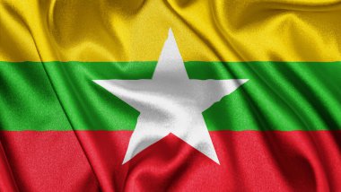 Myanmar 'ın dalgalanan arka planının gerçekçi kumaş kumaş kumaş ipek saten bayrağını kapatın. Ülkenin ulusal sembolü. 4 Ocak, Mutlu Günler konsepti