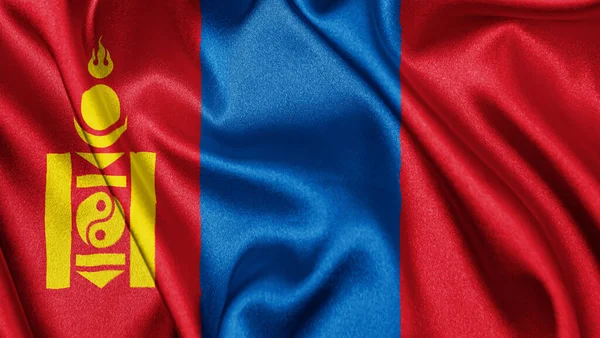 Menutup Bendera Satin Sutra Tekstil Kain Realistik Mongolia Melambaikan Latar — Stok Foto