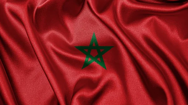 Fas 'ın dalgalanan arka planının gerçekçi dokusu, tekstil kumaşı ipek saten bayrağını kapatın. Ülkenin ulusal sembolü. 18 Kasım, Mutlu Günler konsepti