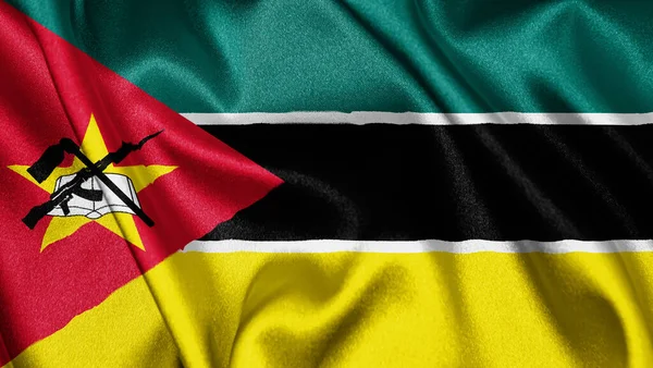 Close Realistische Textuur Textiel Zijde Satijnen Vlag Van Mozambique Zwaaiende — Stockfoto