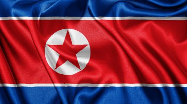 Close up realistic texture fabric textile silk satin flag of North Korea waving fluttering background. National symbol of the country. 9th of September, Happy Day concept