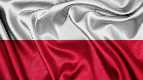 Zamknij Realistyczną Fakturę Tkaniny Jedwabne Satynowe Flagi Polski Machając Trzepoczącym — Zdjęcie stockowe
