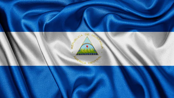 Close up realistic texture fabric textile silk satin flag of Nicaragua waving fluttering background. National symbol of the country. 15th of September, Happy Day concept