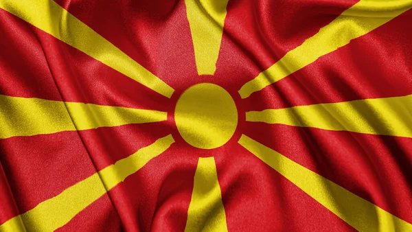 Közel Reális Textúra Szövet Textil Selyem Szatén Zászló Észak Macedónia — Stock Fotó