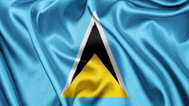 Saint Lucia 'nın dalgalanan arka planının gerçekçi kumaş kumaş kumaş ipek saten bayrağını kapatın. Ülkenin ulusal sembolü. 13 Aralık, Mutlu Günler konsepti