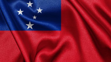 Sallanan Samoa dalgalı arka planının gerçekçi dokusu, tekstil kumaşı ipek saten bayrağını kapat. Ülkenin ulusal sembolü. 1 Haziran, Mutlu Günler konsepti