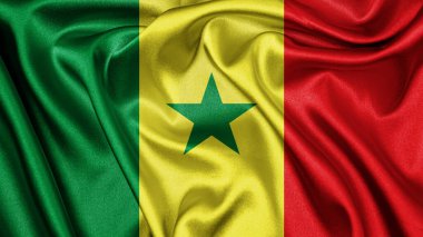 Senegal 'in dalgalanan arka planının gerçekçi dokusu kumaş ipek saten bayrağını kapat. Ülkenin ulusal sembolü. 4 Nisan, Mutlu Gün konsepti