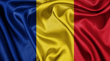 Romanya 'nın dalgalı arka planında dalgalanan gerçekçi kumaş kumaş kumaş ipek saten bayrağını kapatın. Ülkenin ulusal sembolü. 1 Aralık, Mutlu Günler konsepti