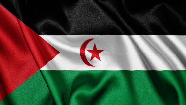 Sahra Sahra 'nın dalgalanan arka planının gerçekçi dokusu, tekstil ipek saten bayrağını kapat. Ülkenin ulusal sembolü. 27 Şubat, Mutlu Gün konsepti