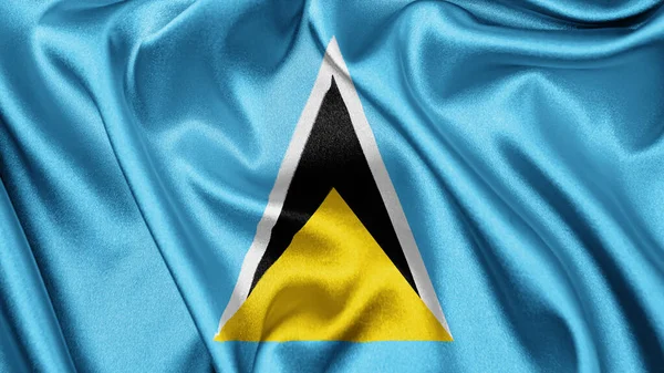 Close up realistic texture fabric textile silk satin flag of Saint Lucia waving fluttering background. National symbol of the country. 13th of December, Happy Day concept