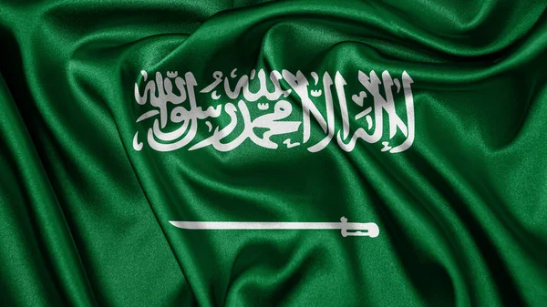 Закрыть Реалистичные Текстурные Ткани Текстильного Шелкового Флага Саудовской Аравии Размахивая — стоковое фото