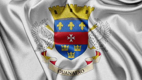 Close up realistic texture fabric textile silk satin flag of Saint Barthelemy waving fluttering background. National symbol of the country. 14th of July, Happy Day concept