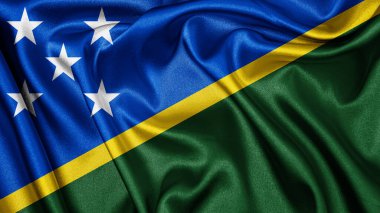 Sallanan arka planda, Solomon Adaları 'nın gerçekçi kumaş kumaş kumaş saten bayrağını kapatın. Ülkenin ulusal sembolü. 7 Temmuz, Mutlu Günler konsepti