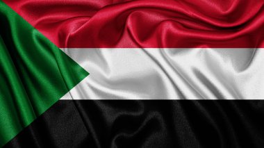 Close up realistic texture fabric textile silk satin flag of Sudan waving fluttering background. National symbol of the country. 1st of January, Happy Day concept