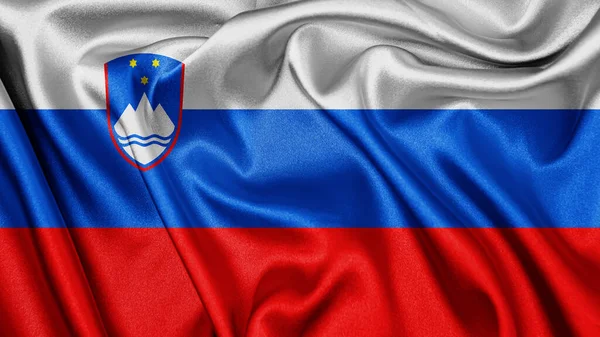 紧贴斯洛文尼亚现实质感面料的丝绸缎旗 挥动着飘扬的背景 国家的象征 六月二十五日 快乐日的概念 — 图库照片