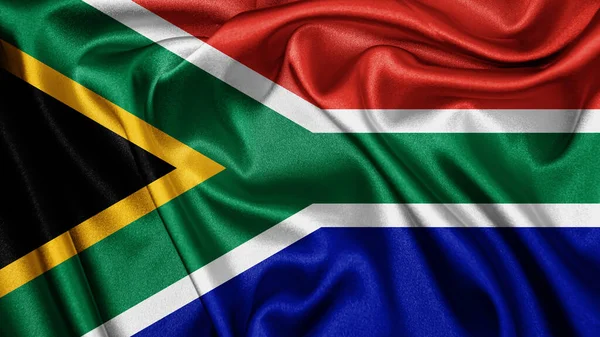 Close up realistic texture fabric textile silk satin flag of South Africa waving fluttering background. National symbol of the country. 27th of April, Happy Day concept