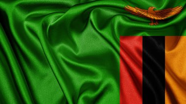 Zambiya 'nın dalgalanan arka planının gerçekçi dokusu, tekstil ipeği saten bayrağını kapat. Ülkenin ulusal sembolü. 24 Ekim, Mutlu Gün konsepti