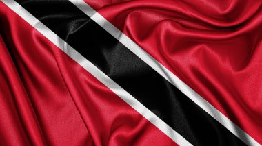Trinidad ve Tobago 'nun dalgalanan arka planının gerçekçi kumaş kumaş kumaş ipek saten bayrağını kapatın. Ülkenin ulusal sembolü. 31 Ağustos, Mutlu Günler konsepti