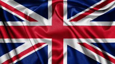 Close up realistic texture fabric textile silk satin flag of United Kingdom waving fluttering background. National symbol of the country. 12th of June, Happy Day concept