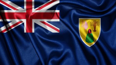 Turks ve Caicos Adaları 'nda dalgalanan arka planda sallanan gerçekçi kumaş kumaş kumaş ipeği saten bayrağını kapatın. Ülkenin ulusal sembolü. Mutlu Günler konsepti