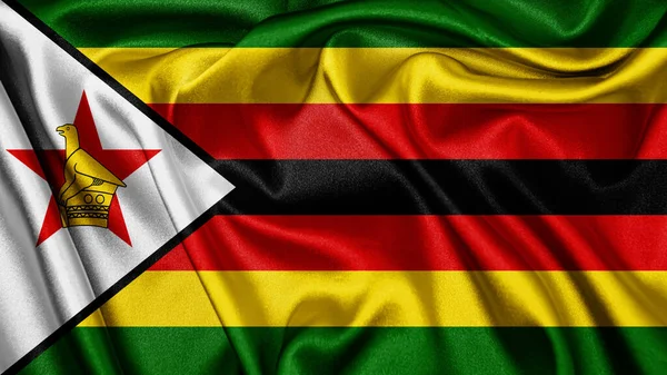 Close Realistico Tessuto Tessitura Seta Raso Bandiera Dello Zimbabwe Sventolando — Foto Stock