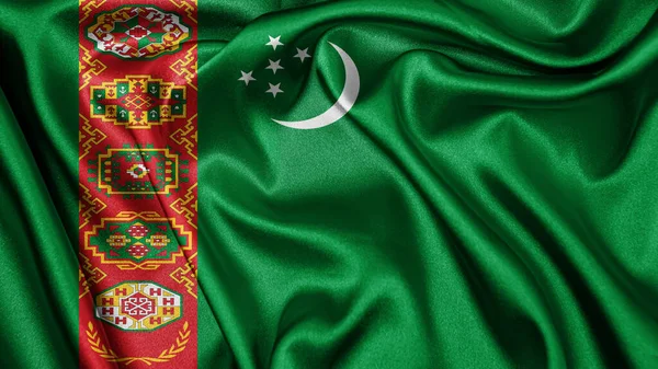 Закрыть Реалистичные Текстурные Ткани Текстильного Шелкового Флага Туркменистана Размахивая Трепещущим — стоковое фото