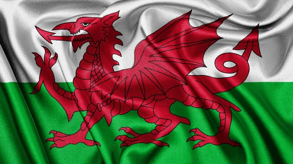 Close up realistic texture fabric textile silk satin flag of Wales waving fluttering background. National symbol of the country. 1st of March, Happy Day concept