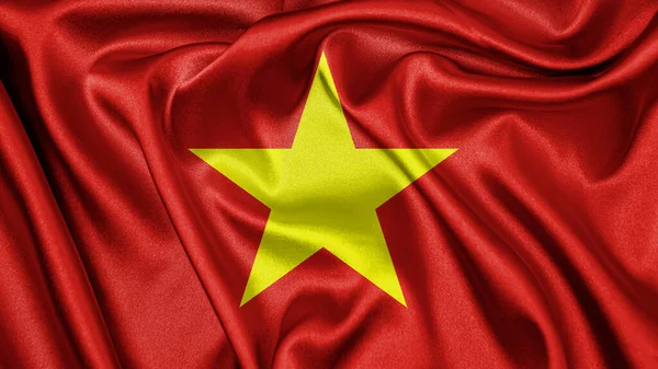Zamknij Realistyczne Tekstury Tkaniny Jedwabne Satynowa Flaga Wietnamu Machając Trzepotanie — Zdjęcie stockowe