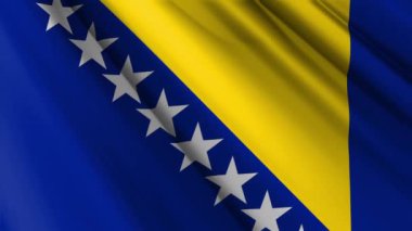 Bosna-Hersek 'in dalgalı arka planında sallanan gerçekçi kumaş ipek saten bayrağını kapatın. Ülkenin ulusal sembolü. 1 Mart, Mutlu Yıllar konsepti. 3D animasyon 1080p Tam HD