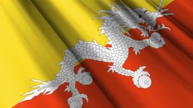 Bhutan dalgalanan arka planının gerçekçi dokusu, tekstil ipeği saten bayrağını kapat. Ülkenin ulusal sembolü. 17 Aralık, Mutlu Günler konsepti. 3D animasyon 1080p Tam HD