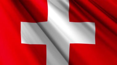 İsviçre 'nin dalgalı arka planında dalgalanan gerçekçi kumaş kumaş ipekten saten bayrağını kapatın. Ülkenin ulusal sembolü. 1 Ağustos, Mutlu Günler konsepti. 3D animasyon 1080p Tam HD