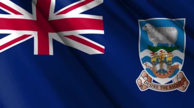 Falkland Adaları 'nın dalgalanan arka planındaki gerçekçi kumaş ipekten saten bayrağını kapat. Ülkenin ulusal sembolü. Mutlu Günler konsepti. 3D animasyon 1080p Tam HD