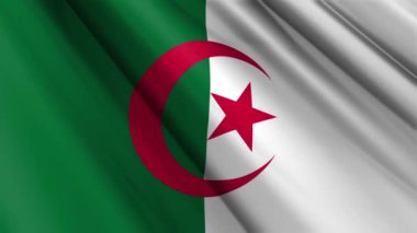Gerçekçi desenli ipek saten Cezayir bayrağının dalgalanan arka planını kapatın. Ülkenin ulusal sembolü. 1 Kasım, Mutlu Bağımsızlıklar konsepti. 3D animasyon 1080p Tam HD