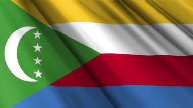 Comoros 'un dalgalanan arka planında sallanan gerçekçi dokuya yakın tekstil ipek saten bayrağı. Ülkenin ulusal sembolü. 6 Temmuz, Mutlu Günler konsepti. 3D animasyon 1080p Tam HD