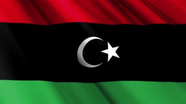 Libya 'nın dalgalı arka planında dalgalanan gerçekçi kumaş ipekten saten bayrağını kapatın. Ülkenin ulusal sembolü. 24 Aralık, Mutlu Günler konsepti. 3D animasyon 1080p Tam HD
