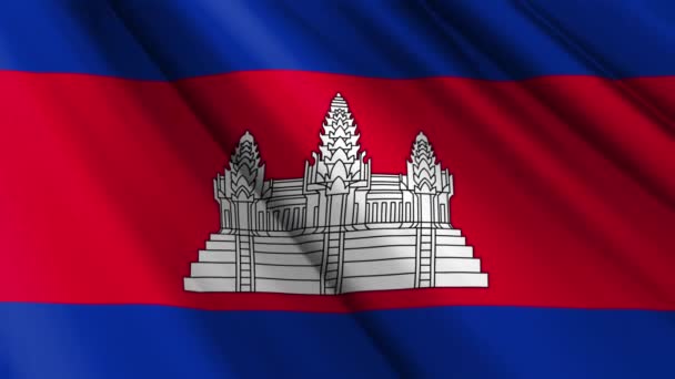 Close Realistische Textuur Textiel Zijde Satijnen Vlag Van Cambodja Zwaaien — Stockvideo