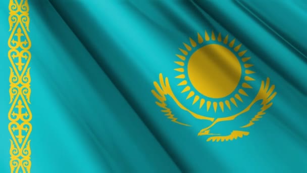 Close Realistische Textuur Textiel Zijde Satijnen Vlag Van Kazachstan Zwaaiende — Stockvideo