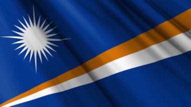 Marshall Adaları 'nın dalgalı arka planında sallanan gerçekçi kumaş ipekten saten bayrağını kapatın. Ülkenin ulusal sembolü. Mutlu Günler konsepti. 3D animasyon 1080p Tam HD