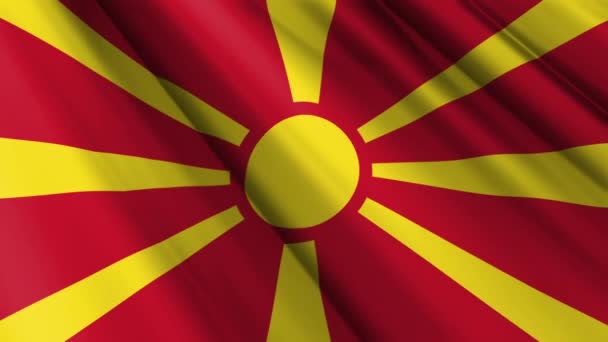 Nahaufnahme Realistische Textur Textil Seide Satin Flagge Von Nordmakedonien Weht — Stockvideo