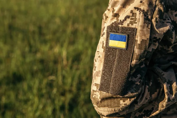 Close Velcro Patch Flag Ukraine Military Uniform Soldiers Arm Armed — ストック写真