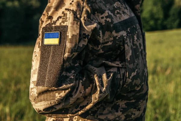 Close Velcro Patch Flag Ukraine Military Uniform Soldiers Arm Armed — Stockfoto