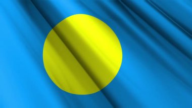 Palau 'nun dalgalanan arka planının tekstil ipek saten bayrağını kapat. Ülkenin ulusal sembolü. 1 Ekim, Mutlu Günler konsepti. 3D animasyon 1080p Tam HD