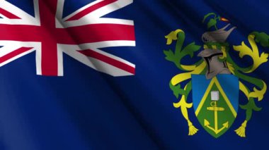 Close up realistic texture fabric textile silk satin flag of Pitcairn Islands waving fluttering background. National symbol of the country. Happy Day concept. 3D animation 1080p Full HD