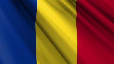 Romanya 'nın dalgalı arka planında sallanan gerçekçi dokuma kumaşlı ipek saten bayrağını kapatın. Ülkenin ulusal sembolü. 1 Aralık, Mutlu Günler konsepti. 3D animasyon 1080p Tam HD