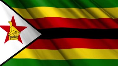 Zimbabwe 'nin dalgalanan arka planının gerçekçi desenli ipek saten bayrağını kapat. Ülkenin ulusal sembolü. 18 Nisan, Mutlu Gün konsepti. 3D animasyon 1080p Tam HD