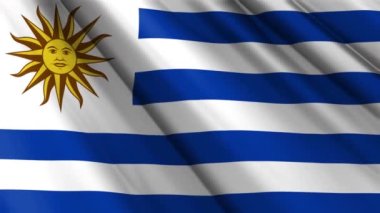 Uruguay 'ın dalgalanan arka planının tekstil ipek saten bayrağını kapat. Ülkenin ulusal sembolü. 25 Ağustos, Mutlu Günler konsepti. 3D animasyon 1080p Tam HD